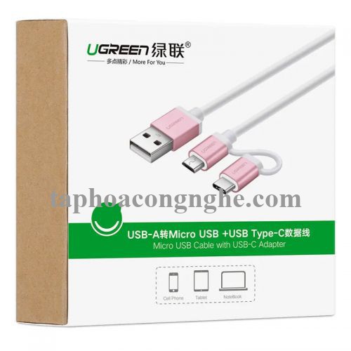 Ugreen 30542 0.5M màu Hồng Cáp USB-A sang Micro USB + USB-C cao cấp US177 30030542
